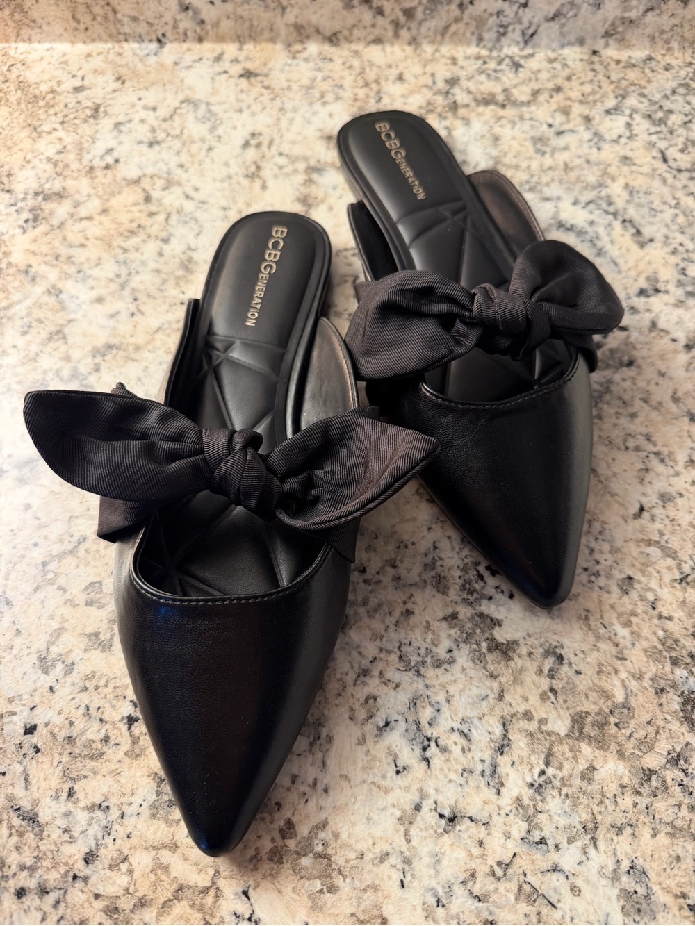 BCBGeneration Black Pointed Bow Backless Mules Kandy Flats Loafers